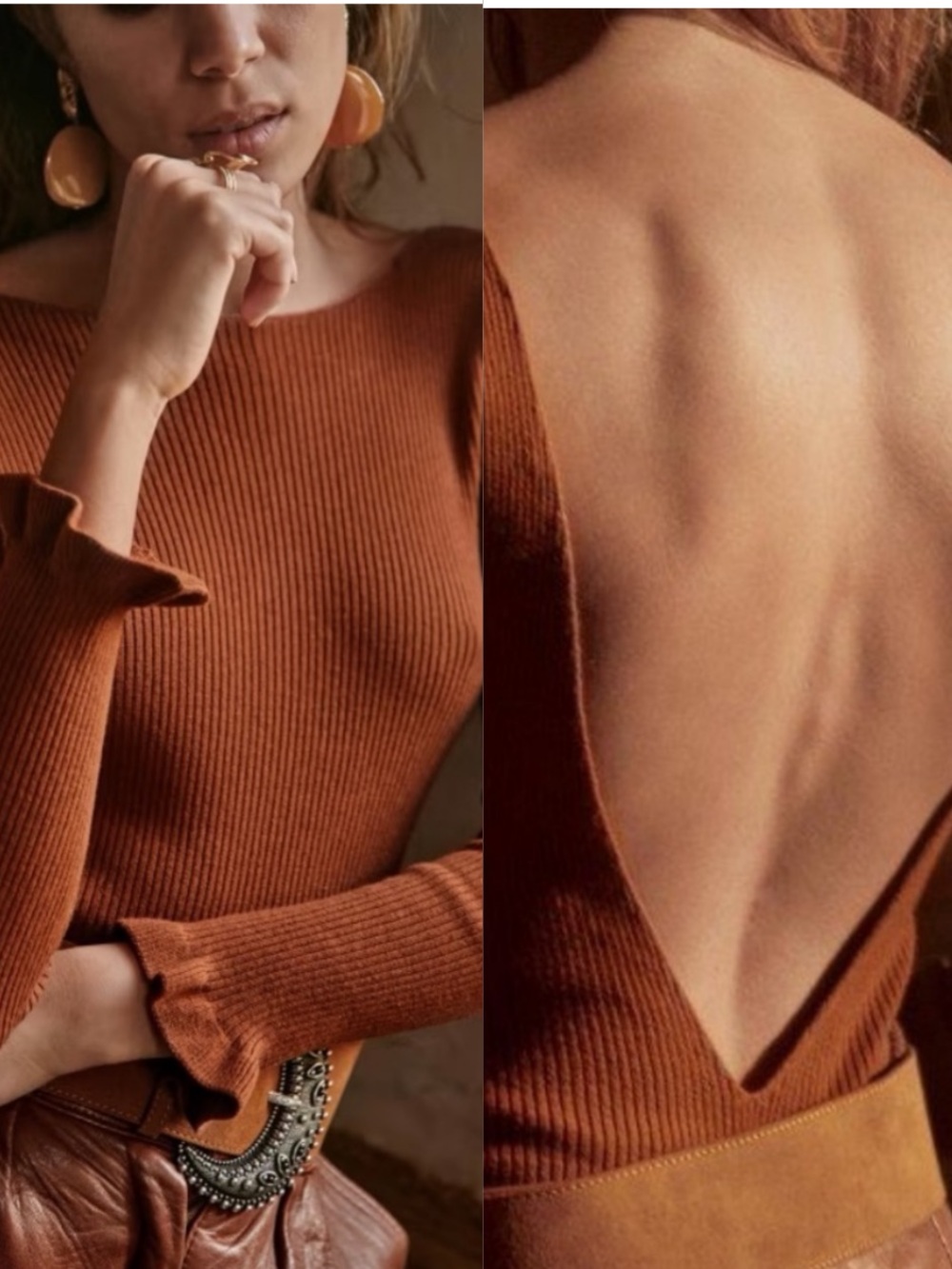 Sézane Joanie Hazelnut Merino Wool Ribbed Bodysuit Medium